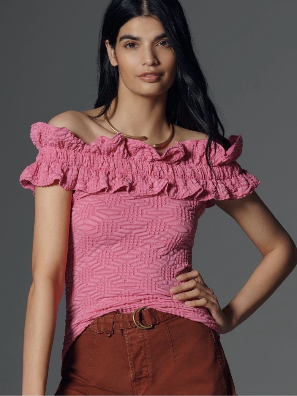 Maeve Pink Off-Shoulder Ruffle Textured Camisole